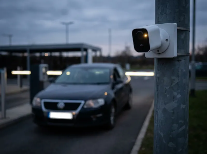 Camera on a short pole beside a car park barrier as a car approaches