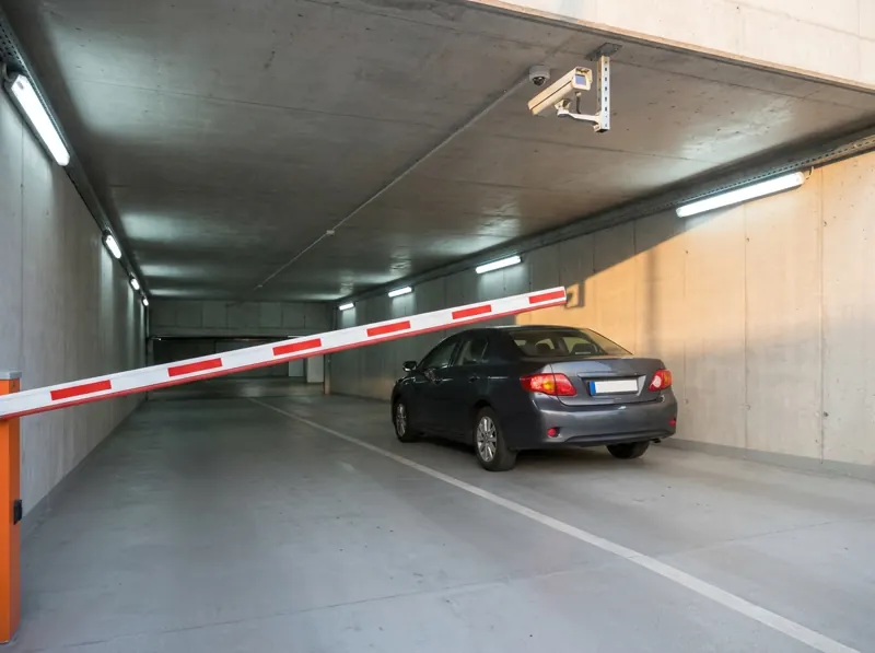 Car park barrier lifting for a car, with a camera above the lane