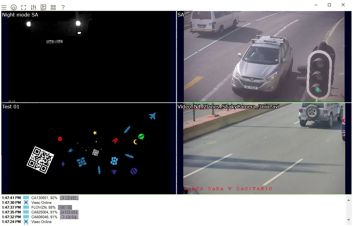 ANPR software showing several camera views and a log of number plates read