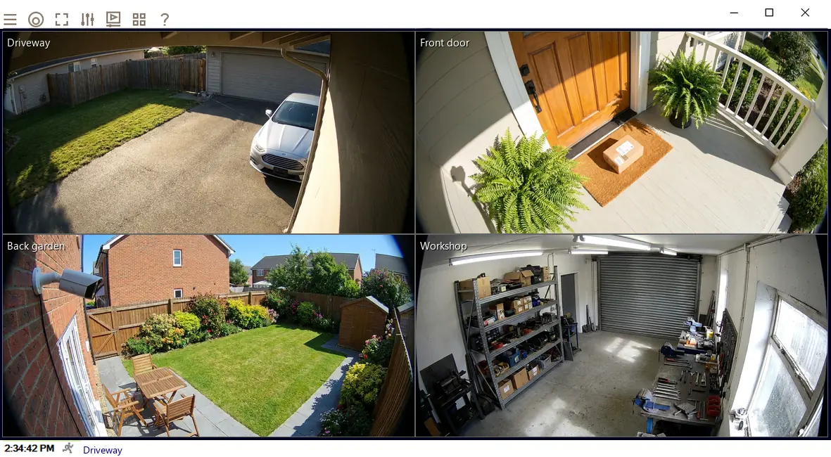 Free surveillance software showing four cameras on Windows